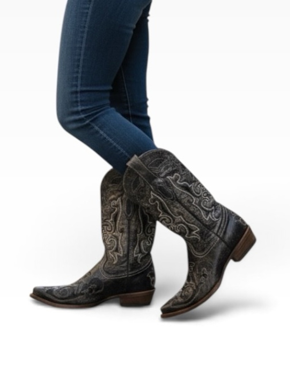 CORRAL Cowgirl Boots Embroidered Western Heeled Distressed Black Leather